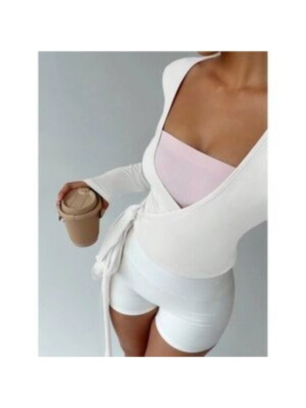 White V-Neck Long Sleeve Tie Side Wrap Shirt